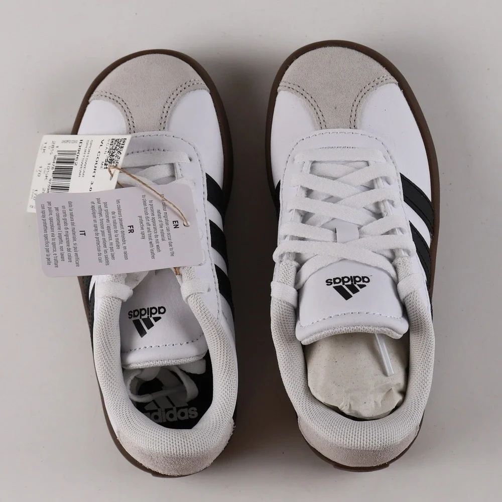 Adidas VL Court 3.0 K Sneakers White Black Gum 11K Leather NWT ID9062